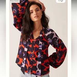 MAEVE by Anthropologie 100% Silk Neck-Tie Blouse Floral Balloon Sleeve Cutouts